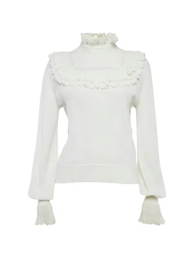 Pre-owned Chanel Frill-detail Knit Sweater In White