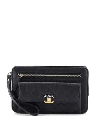 Pre-owned Chanel Front Pocket With Chain Quilted Lambskin Clutch Bag In Black