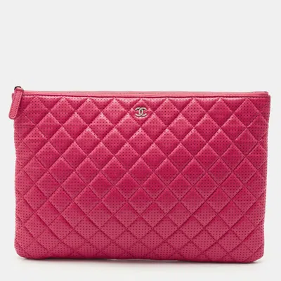 Pre-owned Chanel Fuchsia Quilted Perforated Leather Large O Case Pouch