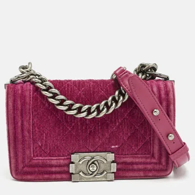 Pre-owned Chanel Fuchsia Quilted Velvet Small Boy Flap Bag