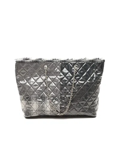 Chanel Funny Tweed Patchwork Shopping Tote Bag In Silver