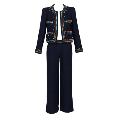 Pre-owned Chanel F/w 1997 Navy Boucle Cropped Jacket Pants Suit In Blue