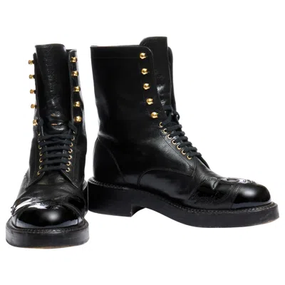Pre-owned Chanel Fw13 “paris Edinburgh” Black Calfskin Combat Boots Size 38