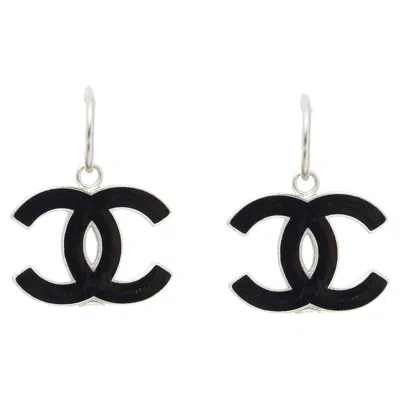 Pre-owned Chanel Fw2004 Boucles Creoles Cc Maxi Black Enamel Cc On Hoops Earrings
