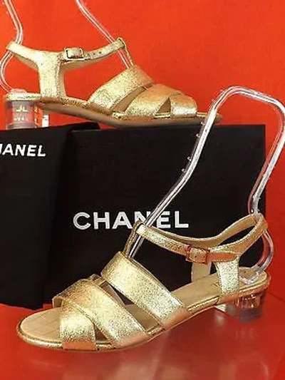 Pre-owned Chanel G30585 Gold Shimmer Suede Strappy Cc Logo Lucite Heel Sandals 38