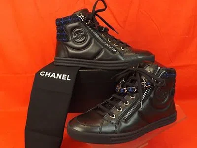 Pre-owned Chanel G31316 Black Navy Tweed Leather Cc Logo 2x Zip Chain Sneakers 40.5 In Multi-color