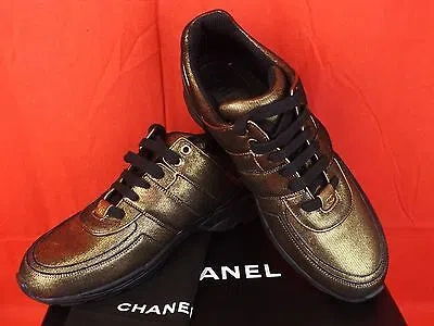 Pre-owned Chanel G31711 Golden Brown Black Fabric Leather Cc Logo Lace Up Sneakers 41