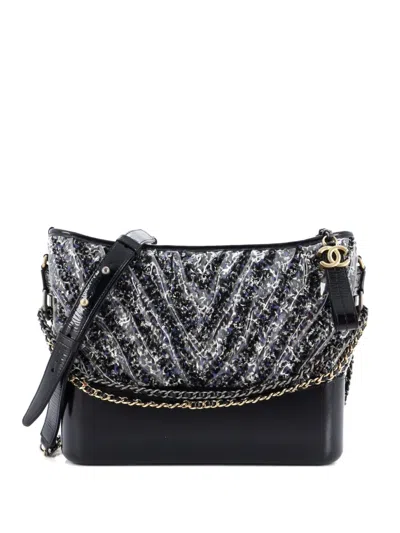 Pre-owned Chanel Gabrielle Chevron Pvc Over Tweed Medium Hobo Bag In Blue