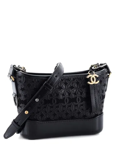 Pre-owned Chanel Gabrielle Hobo With Logo Handle Laser Cut Calfskin And Wool Felt Small Crossbody Bag In Black
