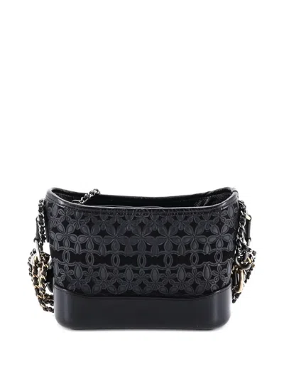 Pre-owned Chanel Gabrielle Hobo With Logo Handle Laser Cut Calfskin And Wool Felt Small Crossbody Bag In Black
