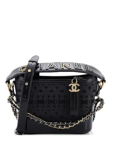 Pre-owned Chanel Gabrielle Hobo With Logo Handle Laser Cut Calfskin And Wool Felt Small Crossbody Bag In Black