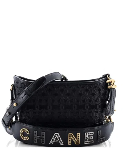 Pre-owned Chanel Gabrielle Hobo With Logo Handle Laser Cut Calfskin And Wool Felt Small Crossbody Bag In Black