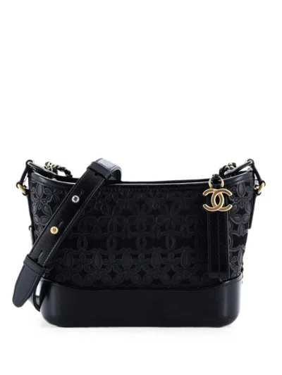 Pre-owned Chanel Gabrielle Hobo With Logo Handle Laser Cut Calfskin And Wool Felt Small Crossbody Bag In Black