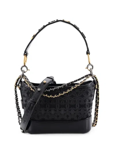 Pre-owned Chanel Gabrielle Hobo With Logo Handle Laser Cut Calfskin And Wool Felt Small Crossbody Bag In Black