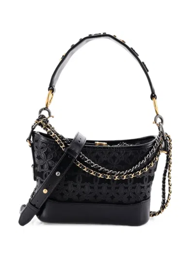 Pre-owned Chanel Gabrielle Hobo With Logo Handle Laser Cut Calfskin And Wool Felt Small Crossbody Bag In Black
