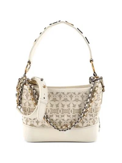 Pre-owned Chanel Gabrielle Hobo With Logo Handle Laser Cut Calfskin And Wool Felt Small Crossbody Bag In Neutral