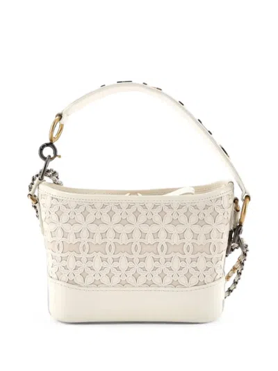 Pre-owned Chanel Gabrielle Hobo With Logo Handle Laser Cut Calfskin And Wool Felt Small Crossbody Bag In White