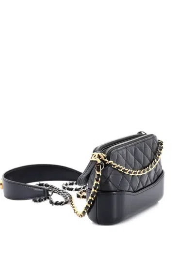 Pre-owned Chanel Gabrielle Logo Handle Double Zip With Chain Quilted Aged Calfskin Clutch Bag In Black