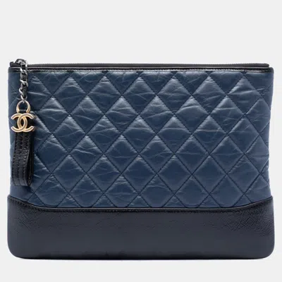 Pre-owned Chanel Gabrielle Medium Navy Black Aged Calfskin Leather Clutch Bag In Blue