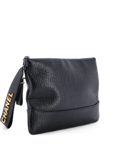Pre-owned Chanel Gabrielle O Case Crocodile Embossed Calfskin Medium Clutch Bag In Black