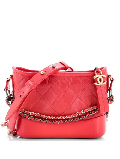 Pre-owned Chanel Gabrielle Quilted Aged Calfskin Small Hobo Bag In Red