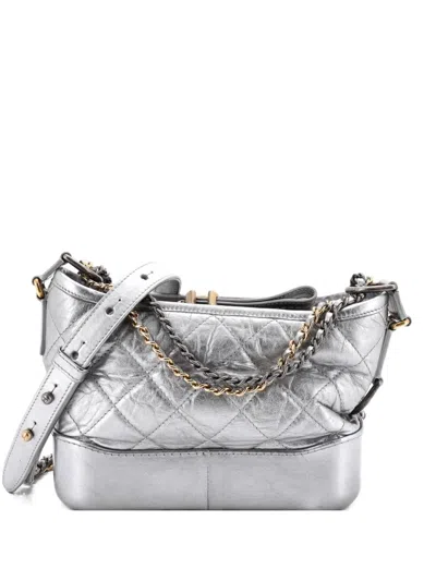 Pre-owned Chanel Gabrielle Quilted Aged Calfskin Small Hobo Bag In Silver