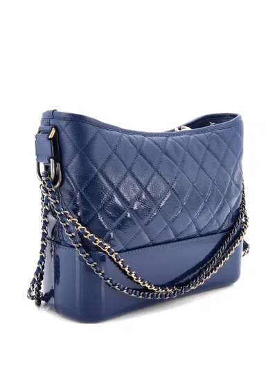 Pre-owned Chanel Gabrielle Quilted Goatskin And Patent Medium Hobo Bag In Blue