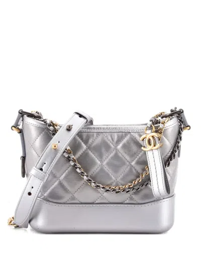 Pre-owned Chanel Gabrielle Quilted Metallic Aged Calfskin Small Hobo Bag In Silver