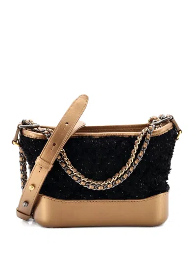 Pre-owned Chanel Gabrielle Quilted Tweed And Calfskin Small Hobo Bag In Black