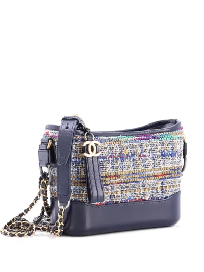 Pre-owned Chanel Gabrielle Quilted Tweed And Calfskin Small Hobo Bag In Blue