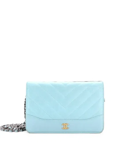 Pre-owned Chanel Gabrielle Wallet On Chain Chevron Aged Calfskin Crossbody Bag In Blue