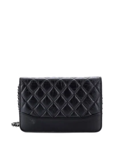 Pre-owned Chanel Gabrielle Wallet On Chain Quilted Aged Calfskin Crossbody Bag In Black