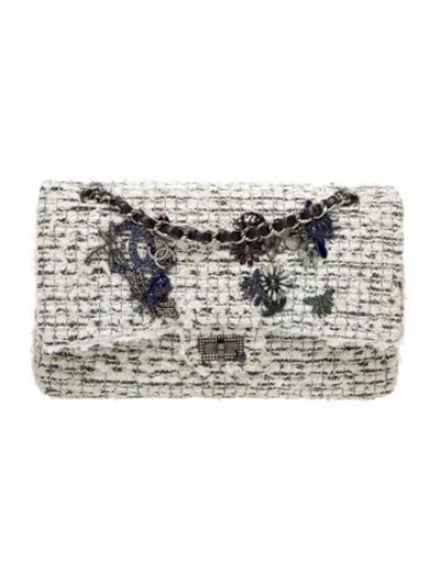 Pre-owned Chanel Garden Tweed Reissue Charms Flap Bag In White