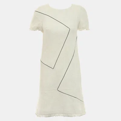 Pre-owned Chanel Geometric Off White/black Tweed Dress Size S