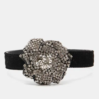 Pre-owned Chanel Giuseppe Black Velvet Leather Crystal Beads Silver Tone Choker Necklace