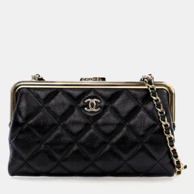 Pre-owned Chanel Glazed Calfskin Frame Clutch On Chain In Black