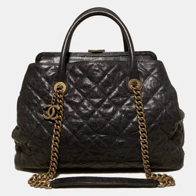 Pre-owned Chanel Glazed Caviar Large Frame Tote Bag In Brown