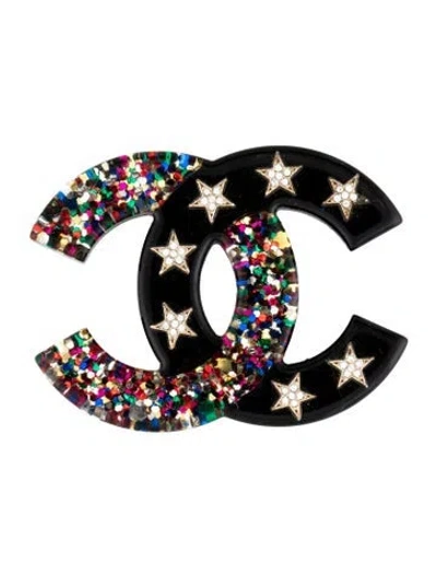 Pre-owned Chanel Glitter & Strass Cc & Stars Pin Brooch In Multi