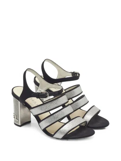 Pre-owned Chanel Glitter-detail Block-heel Sandals In Silver