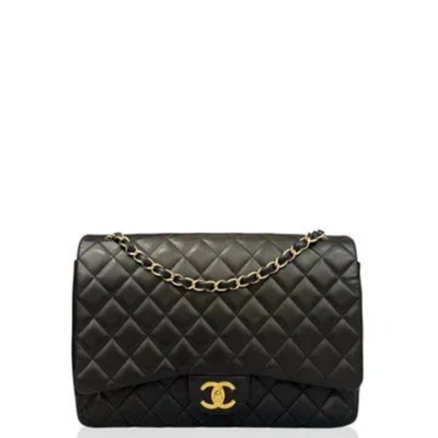 Pre-owned Chanel Goat Leather Double Flap Bag Maxi In Black
