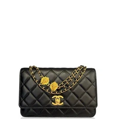 Pre-owned Chanel Goat Leather Logo Wallet On Chain Mini In Black