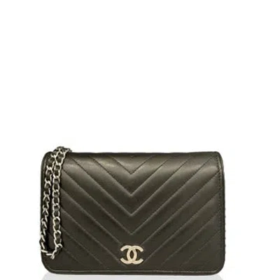Pre-owned Chanel Goat Leather Wallet On Chain Mini In Black