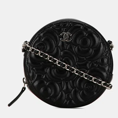 Pre-owned Chanel Goatskin Camellia Round Clutch With Chain In Black