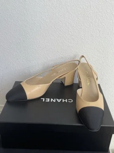 Pre-owned Chanel Goatskin Grosgrain Cap Toe Cc Slingback Pumps Choose Your Size In Black / Beige
