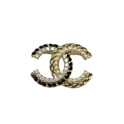 Pre-owned Chanel Gold Artificial Ivory Leather Metal Rhinestone Brooch () In Multi