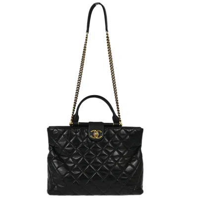 Pre-owned Chanel Gold Bar Tote Quilted Aged Calfskin Black Leather Tote Bag Bag ()