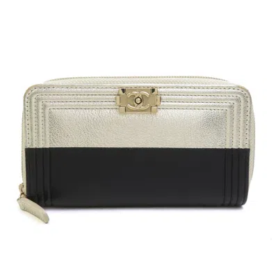 Pre-owned Chanel Gold Black Leather Long Wallet (bi-fold) () In Gold, Black