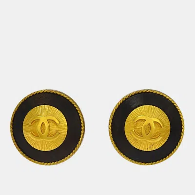 Pre-owned Chanel Gold Button Earrings Clip-on In Black