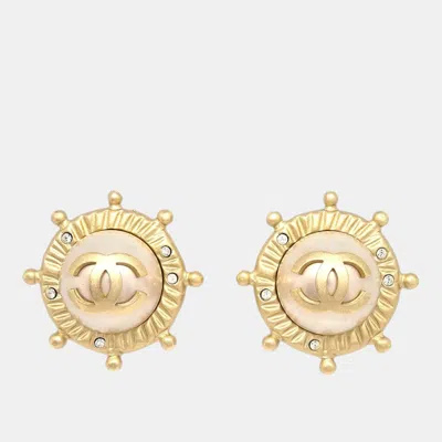 Pre-owned Chanel Gold Button Earrings Clip-on Rhinestone Artificial Pearl