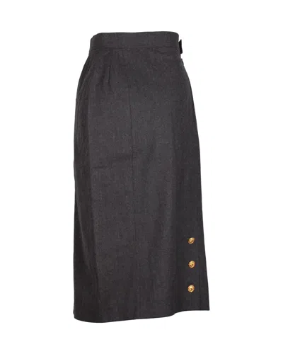 Pre-owned Chanel Gold Button Midi Skirt In Grey Wool